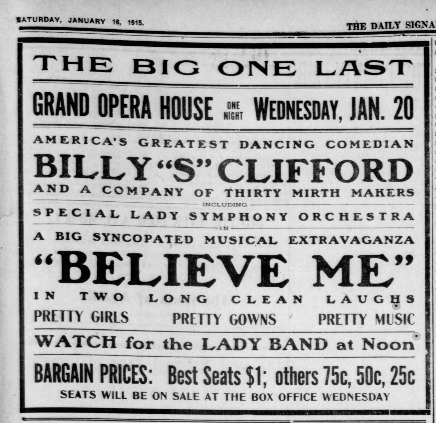 Advertisement for Jan 20th Performance at the Grand Opera House