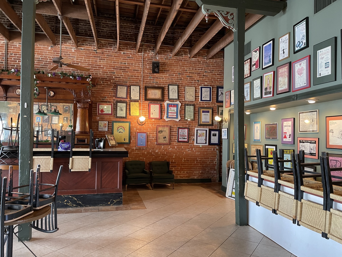 View of the pictures, photographs, and posters the theater has collected