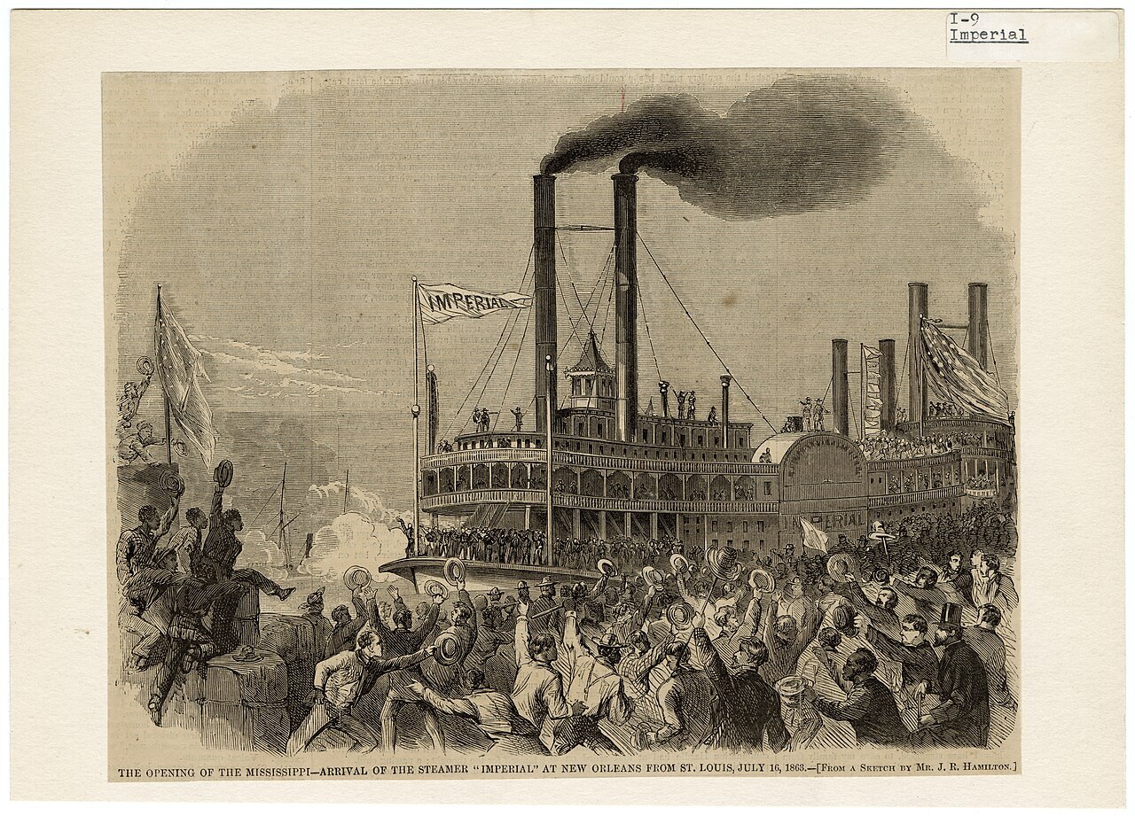 Steamer Imperial arriving in New Orleans to a crowd of celebrators.