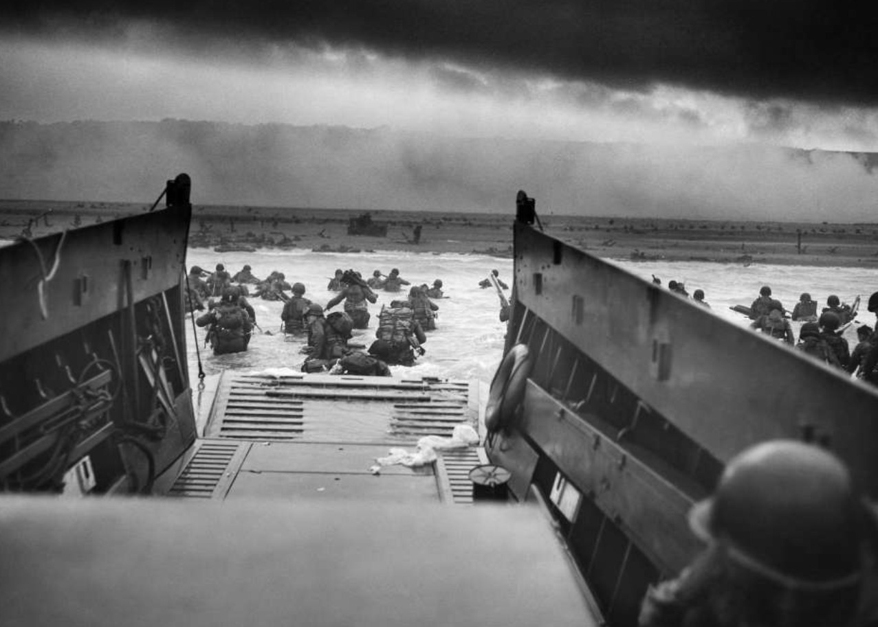 Photo from Higgins Boat as Allied troops storm the beach of Normandy, France