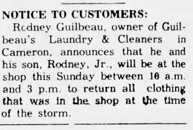 Rodney Guilbeau, Jr. helping his father's business, by returning clothes to the community, after Hurricane Aubrey in 1957 - when he lost his mother to the storm.